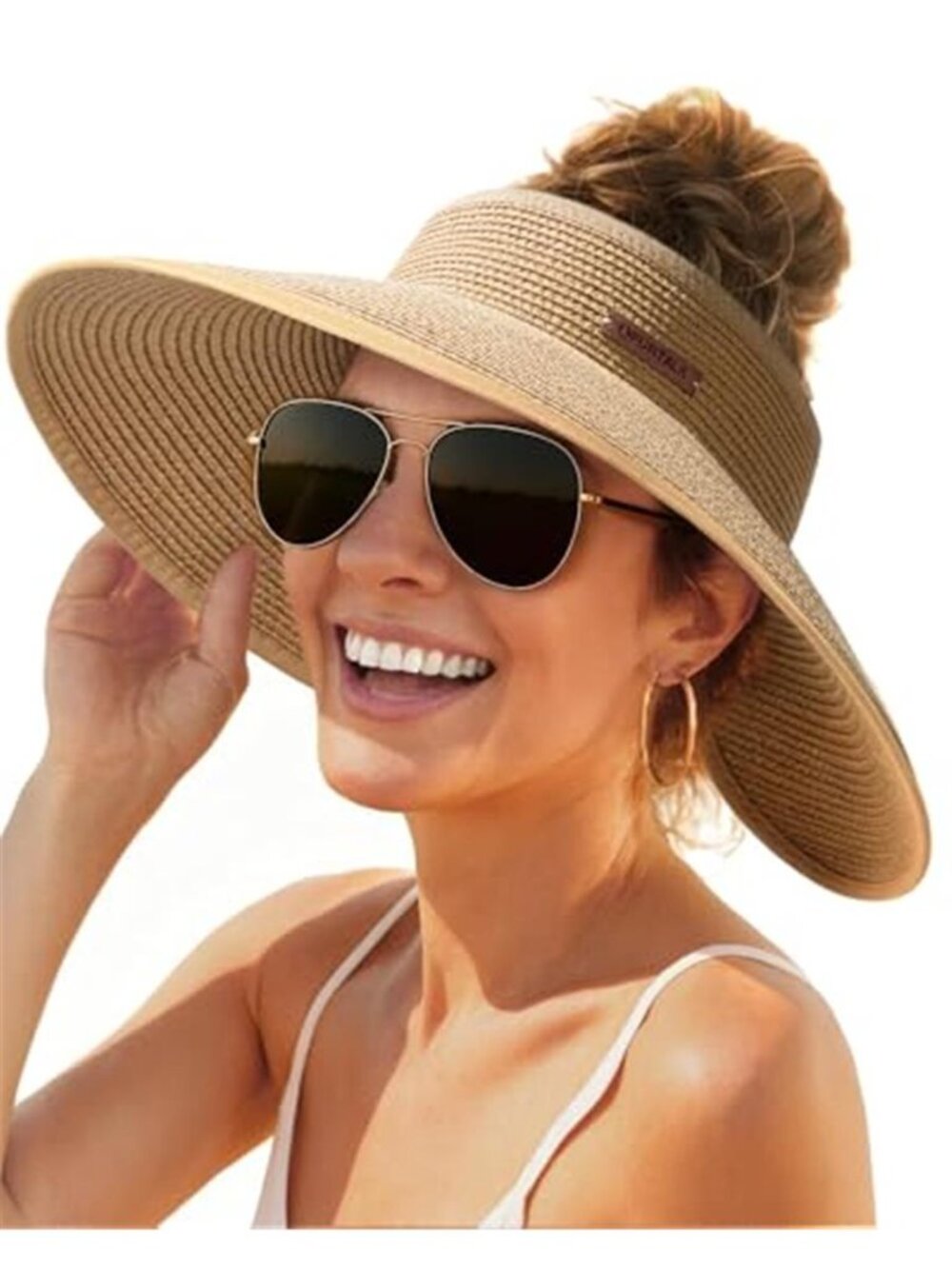 Sun Hats for Women Wide Brim Beach Hat Straw Visor Ponytail Summer UV